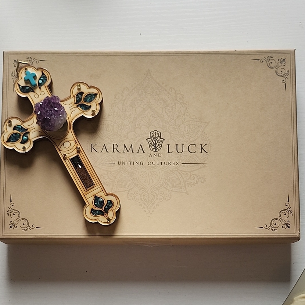 Karma&Luck,Wall Cross with Amethyst Accent - Cream and Purple
